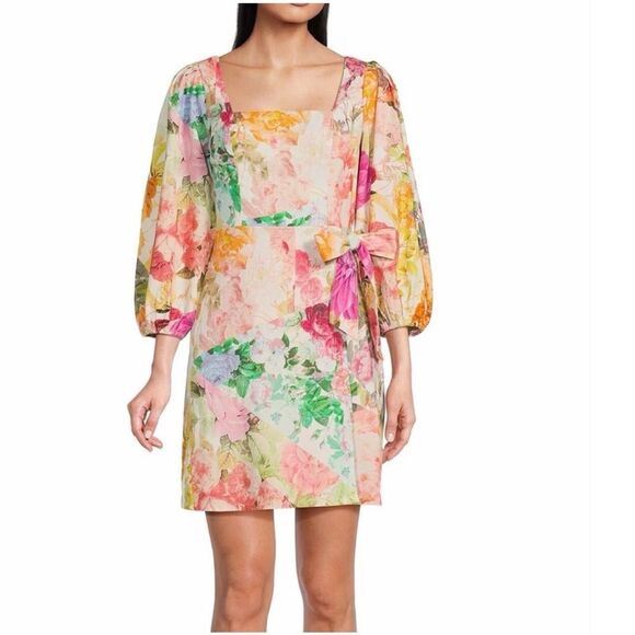 VINCE CAMUTO Floral Cotton Linen Mini Dress‎ Tie Waist Pink Green Size 2 6 New - Picture 1 of 16